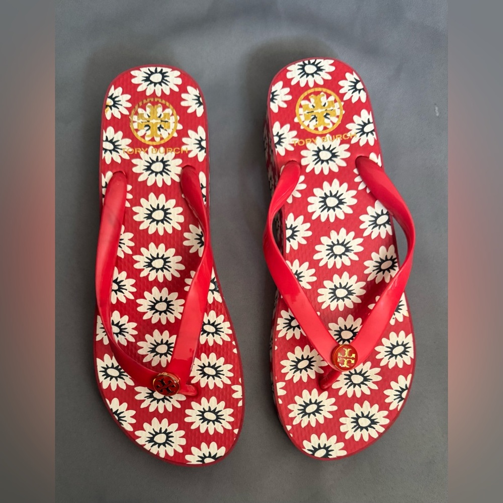 Tory Burch Red Floral Flip Flops